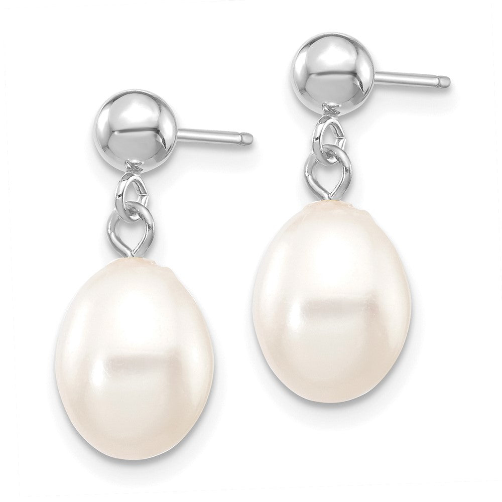 10k White Gold 7-8mm White Rice Freshwater Cultured Pearl Dangle Post Earrings