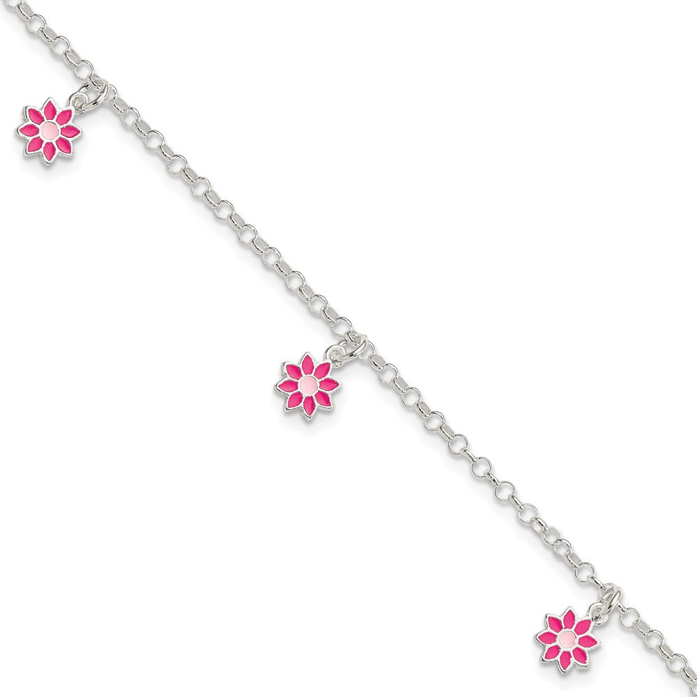 Sterling Silver Polished Pink Enameled Flowers Children's Bracelet 6 inches
