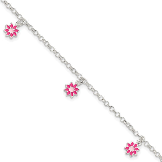 Sterling Silver Polished Pink Enameled Flowers Children's Bracelet 6 inches