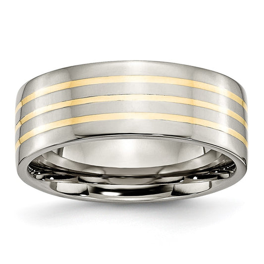 Titanium Polished w/14k Yellow Inlay 8mm Flat Band Size - 8.5