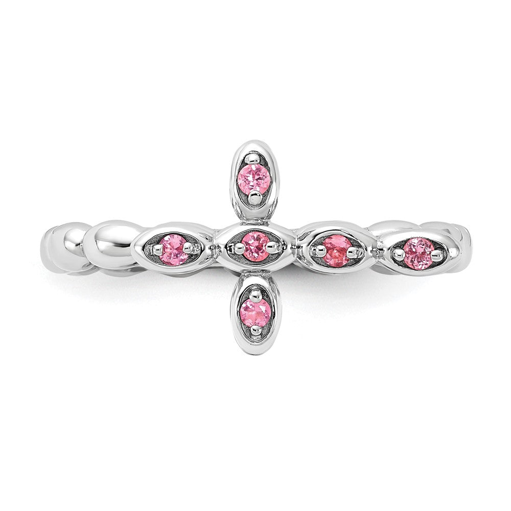 Sterling Silver Stackable Expressions Rhodium-plated Pink Tourmaline Cross Ring Size -8