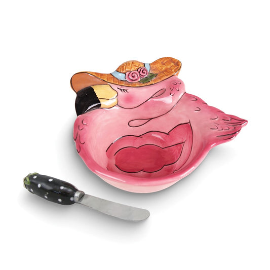 Ceramic Flamingo Dip Bowl with Spreader Set