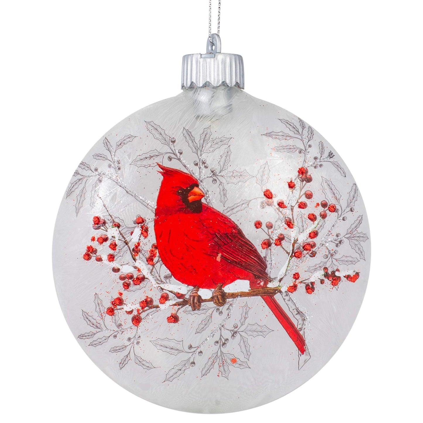 Roman Cardinal On Holly Branch Winter Forest Red 6 x 5 Glass Holiday Hanging Ornament