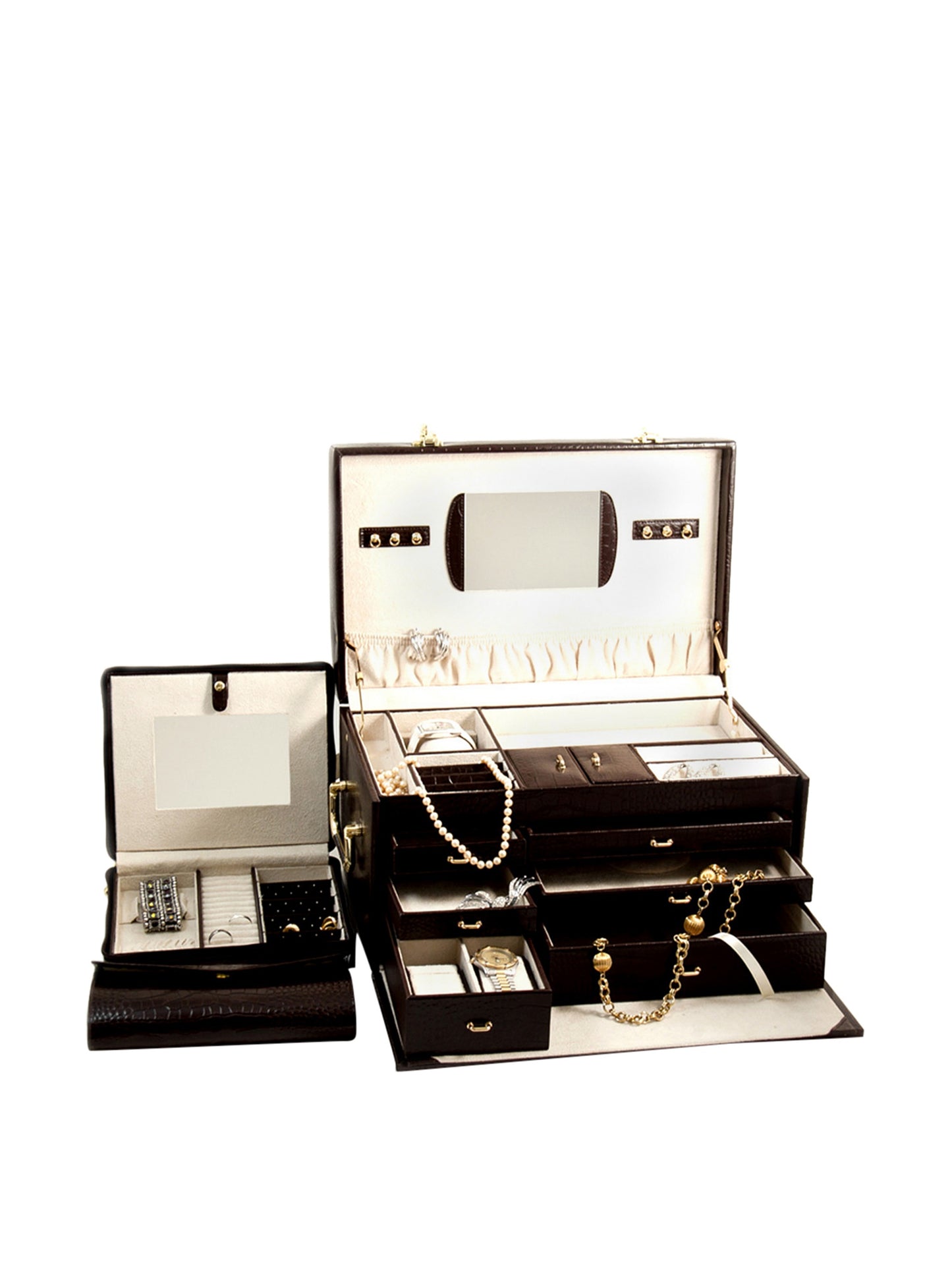 Bey-Berk Multi Storage Jewelry Box Chest | Mirror | Brown Croco Leather | BB581BRW