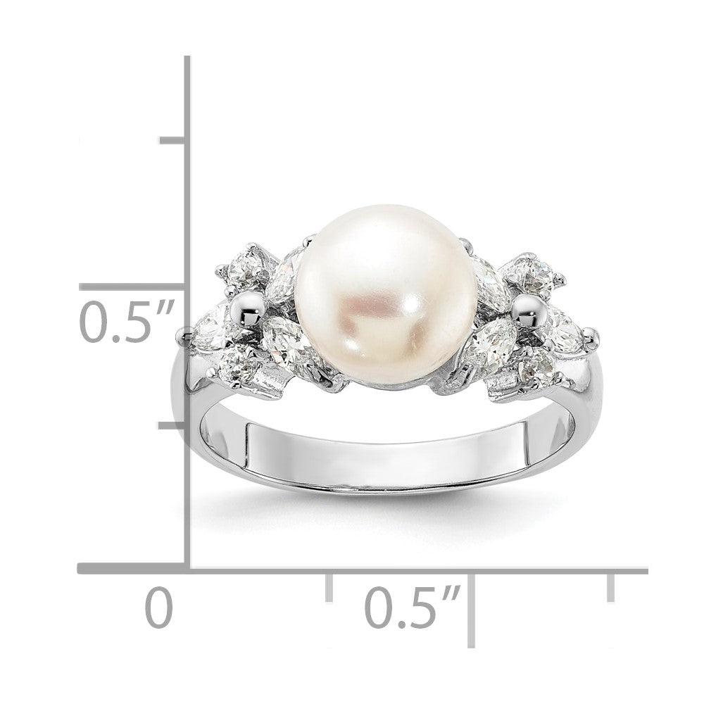 Sterling Silver Rhodium-plated White FW Cultured Pearl and CZ Ring