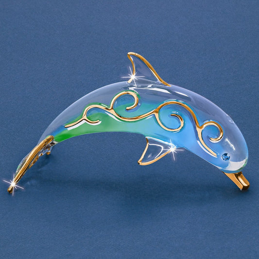 Paradise Dolphin Handcrafted Glass Figurine with 22k Gold Trim QGM6722