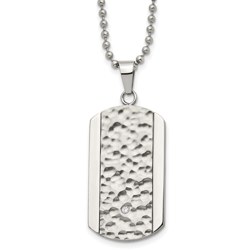 Stainless Steel Polished and Hammered w/CZ Dog Tag 22in Necklace