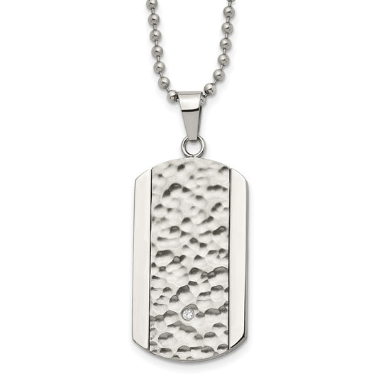Stainless Steel Polished and Hammered w/CZ Dog Tag 22in Necklace