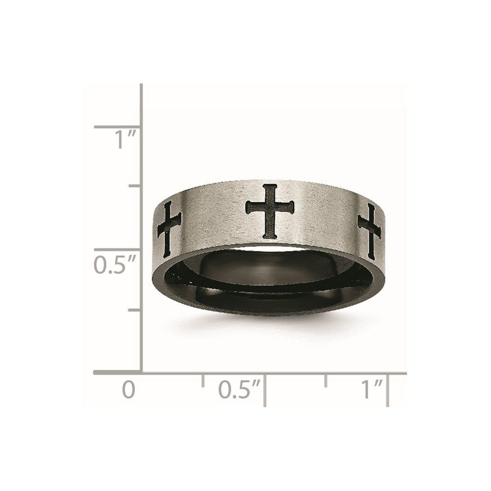 Titanium Brushed Black IP-plated Cross 7mm Band Size - 12
