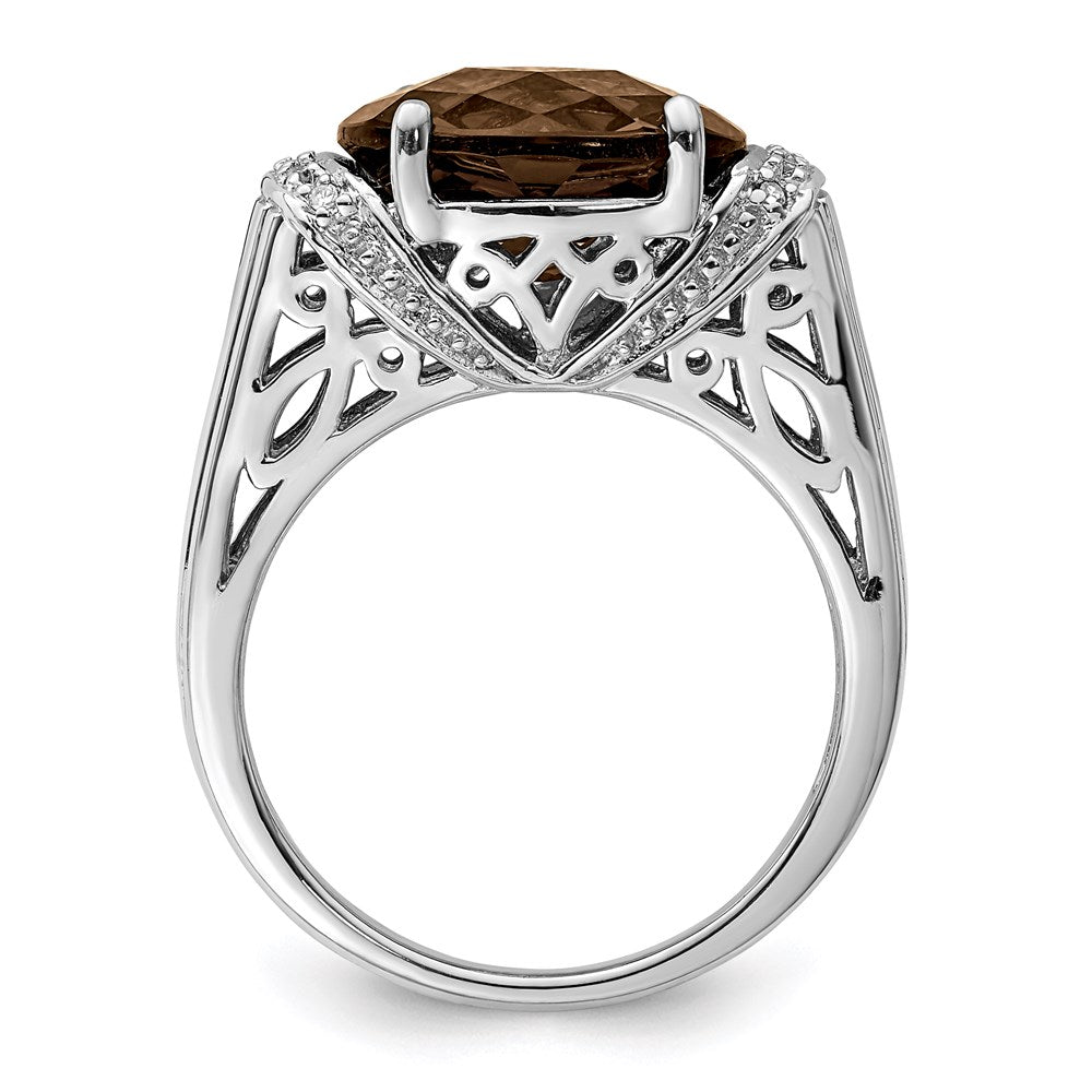 Sterling Silver Rhodium Checker-Cut Smoky Quartz & Diam. Ring