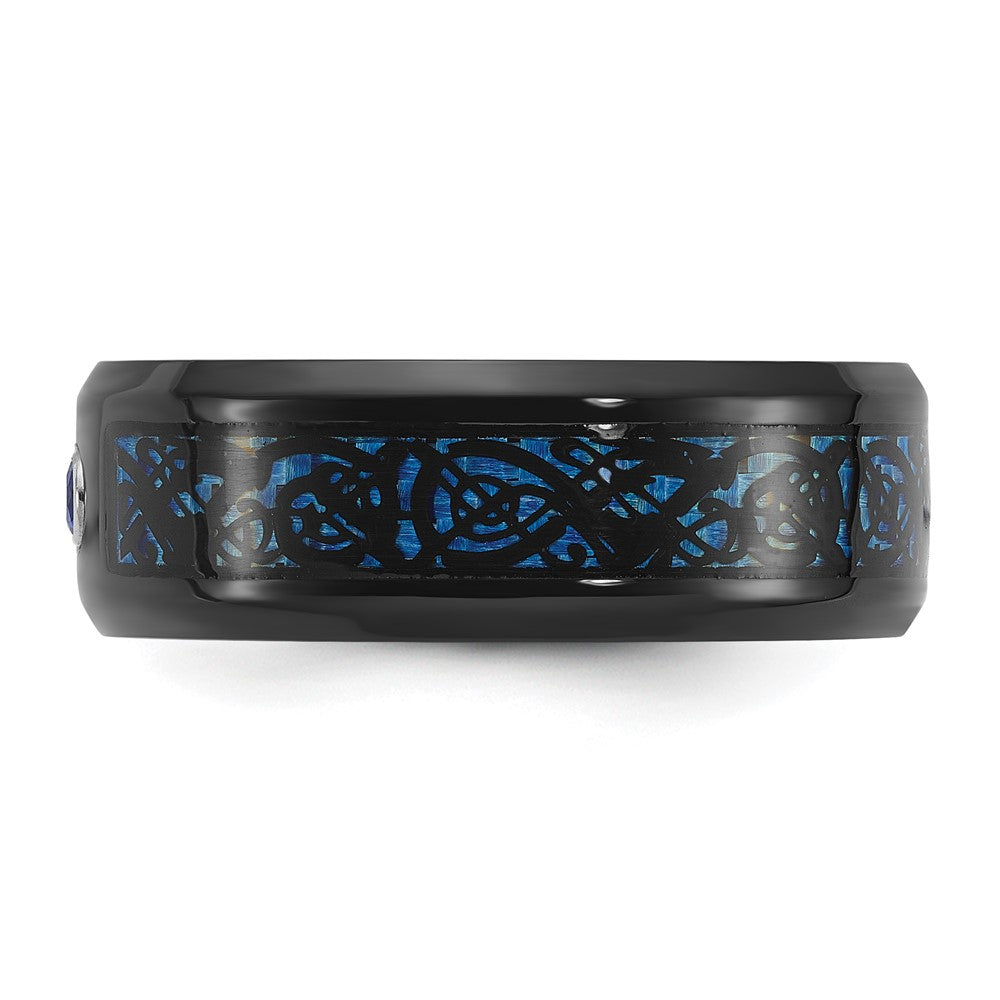 Chisel Titanium Polished Black and Blue IP-plated with Blue CZ Carbon Fiber Inlay in Clear Epoxy 8mm Band Size - 9.5
