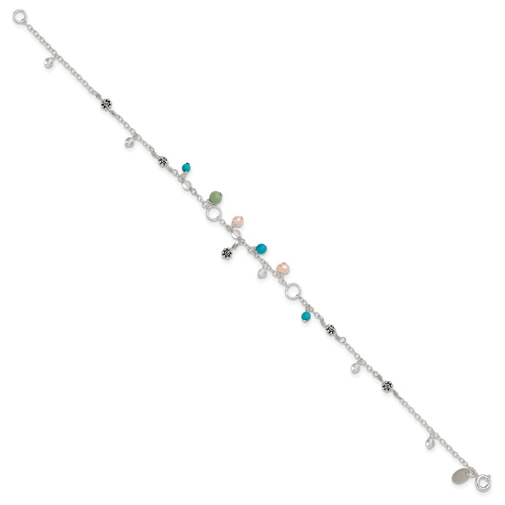 Sterling Silver Turquoise/Clear Bead/FW Cultured Pearl Anklet 9 inches