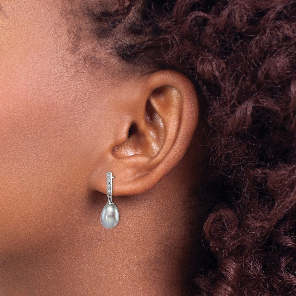 Sterling Silver Rhodium-plated 8-9mm Grey Teardrop Freshwater Cultured Pearl and CZ Post Dangle Earrings