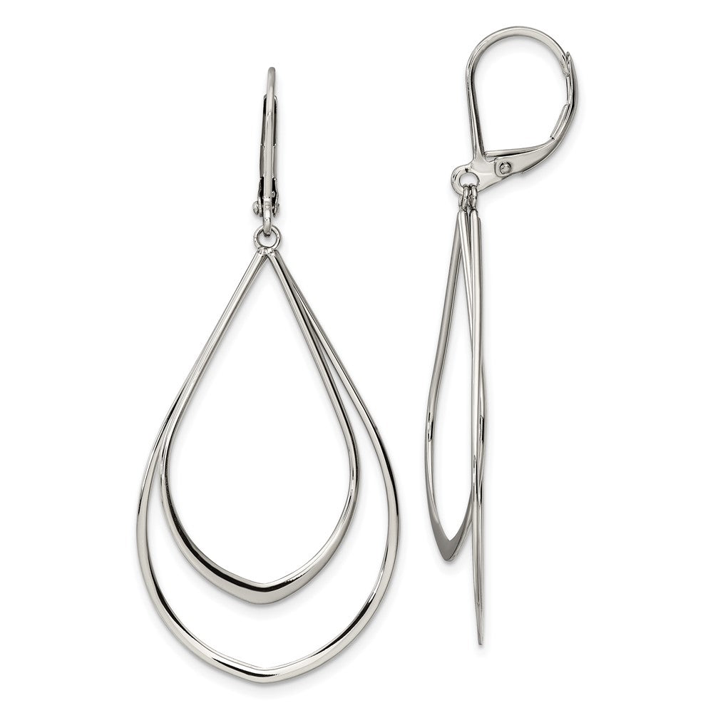 Stainless Steel Polished Double Teardrop Dangle Leverback Earrings