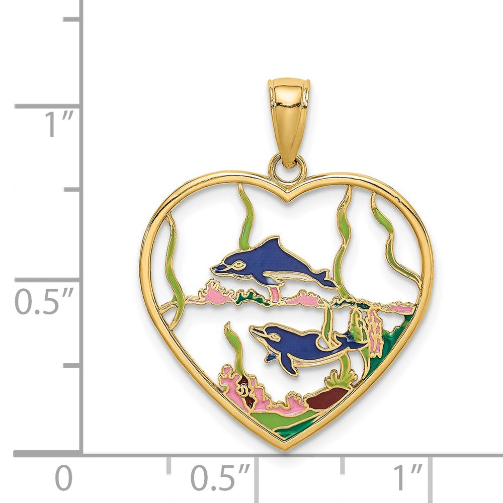 14K Enamel Dolphins In Heart Charm