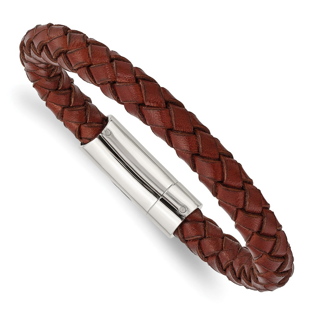 Stainless Steel Polished Brown Leather 8.5in Bracelet 8.5 inches