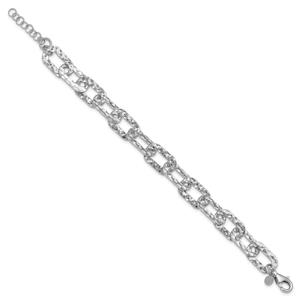 Sterling Silver Rh-pl Polished/Hammered Fancy w/1in ext. Bracelet 8.5  inches