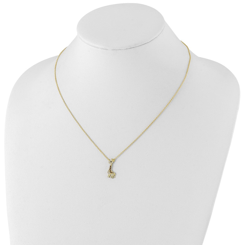 Cheryl M Sterling Silver Gold-plated Enameled and Brilliant-cut Black and White CZ Giraffe 18.25 Inch Necklace 18.25 Inches