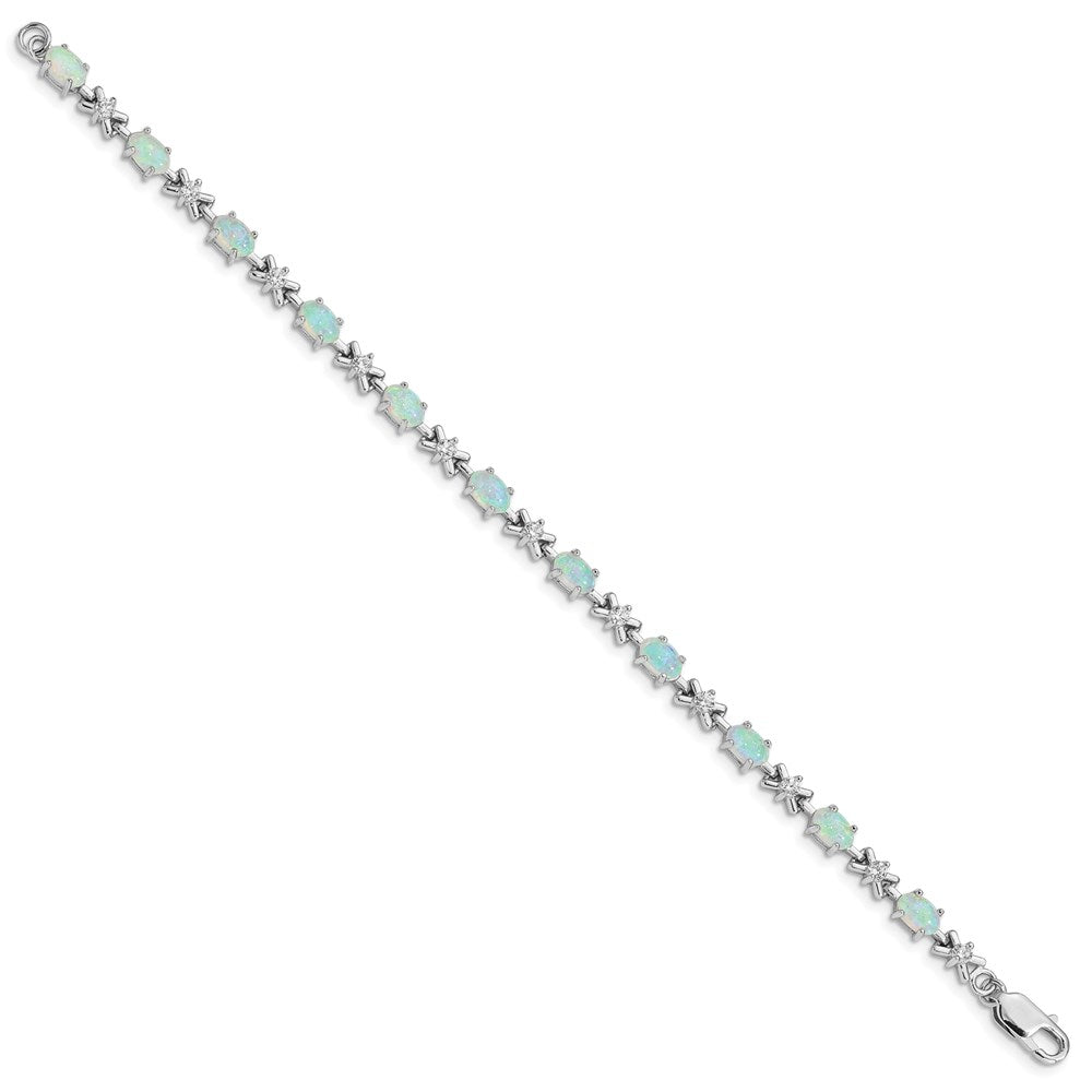 Sterling Silver Rhodium Plated 7inch CZ/Created Opal XO Bracelet 7 inches