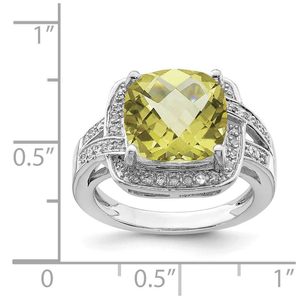 Sterling Silver Rhodium Checker-Cut Lemon Quartz & Diam. Ring
