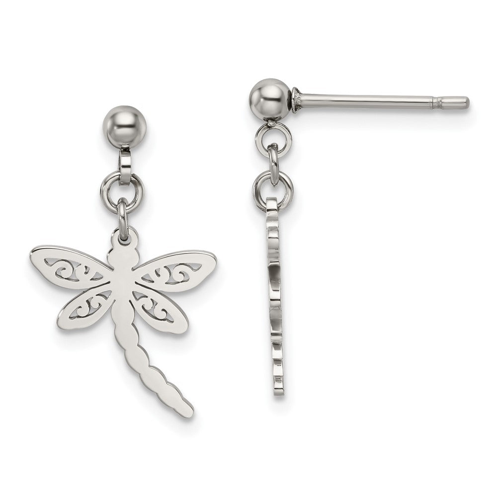 Stainless Steel Polished Dragonfly Post Dangle Earrings