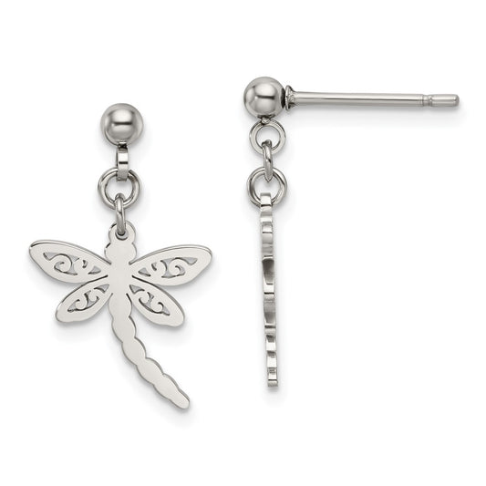 Stainless Steel Polished Dragonfly Post Dangle Earrings