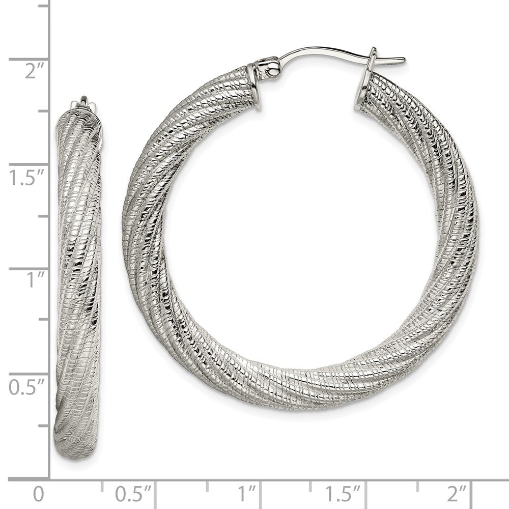 Stainless Steel Polished and Textured Hollow Hoop Earrings
