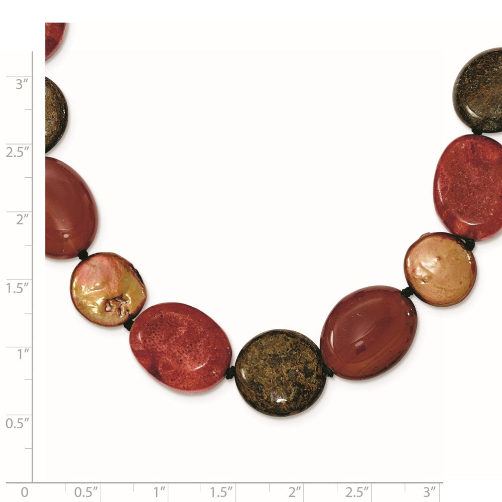 Sterling Silver Tiger Eyes/Carnelian/Reconst. Coral/FW Cult. Pearl Necklace 18 Inches