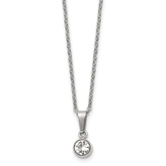 Stainless Steel Polished w/Crystal 16in w/2in ext. Necklace