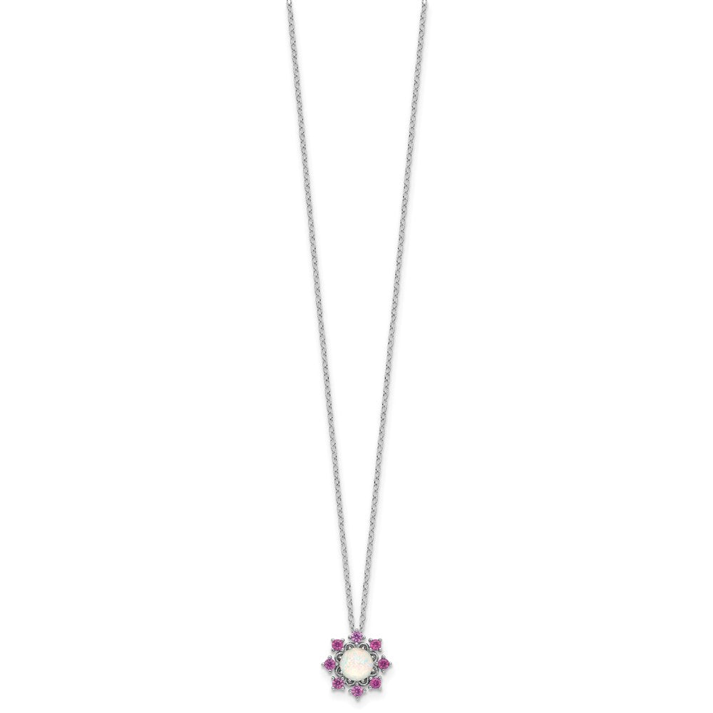 Cheryl M Sterling Silver Rhodium-plated Polished Created Opal and Pink Crystal Flower Necklace 18 Inches