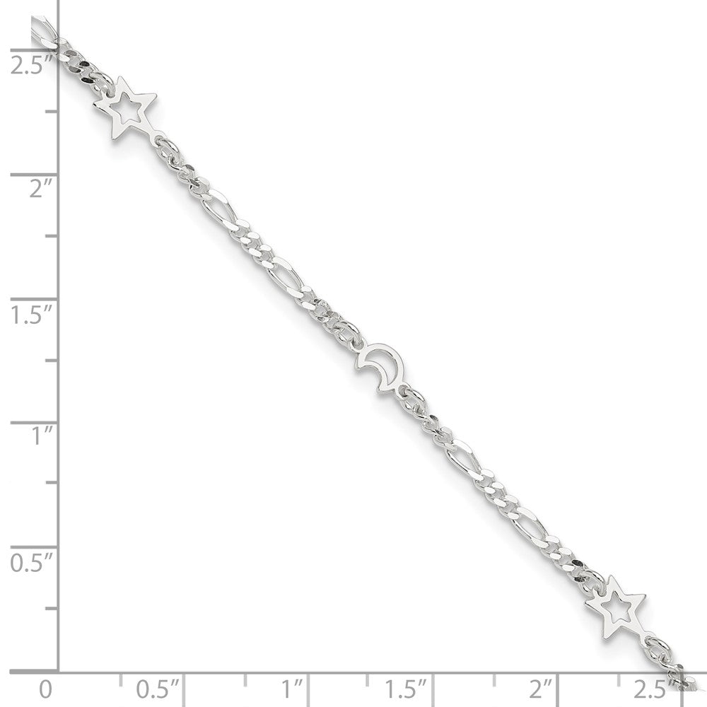 Sterling Silver Polished Moon and Star 9in Plus 1in Ext. Anklet 9 inches