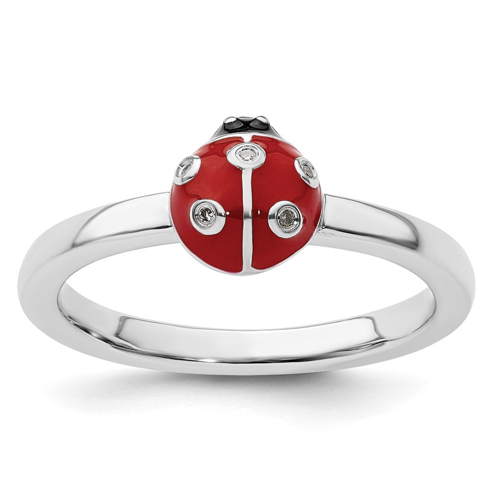 Sterling Silver Stackable Expressions Red /Blk Enamel Ladybug w/Diamond Rin Size -6