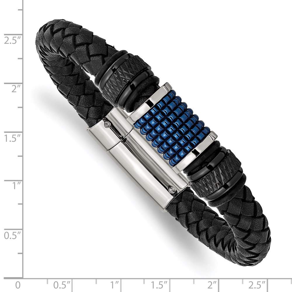 Stainless Steel Polished Black & Blue IP-plated Rubber & Leather Bracelet 8.5 inches