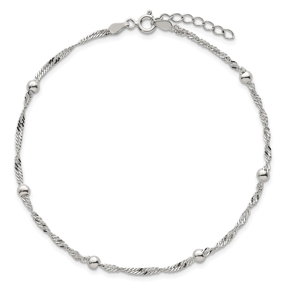 Sterling Silver Polished and Beaded 6-Station Fancy Link 9 inch with 1 inch Extension Anklet