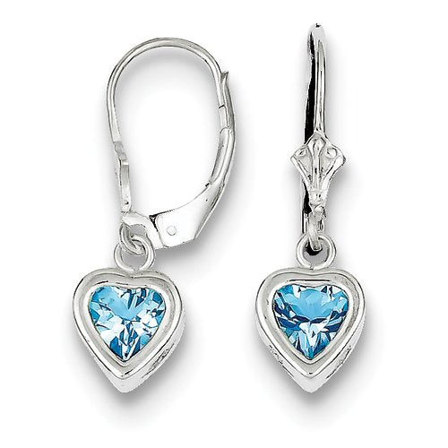 Sterling Silver Rhodium Plated 6mm Heart Blue Topaz Leverback Earrings