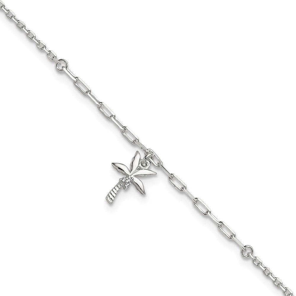 Sterling Silver Polished White CZ Palm Tree Dangle 9 inch with 1 inch Extension Anklet