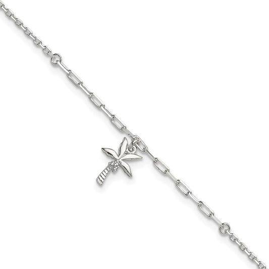 Sterling Silver Polished White CZ Palm Tree Dangle 9 inch with 1 inch Extension Anklet