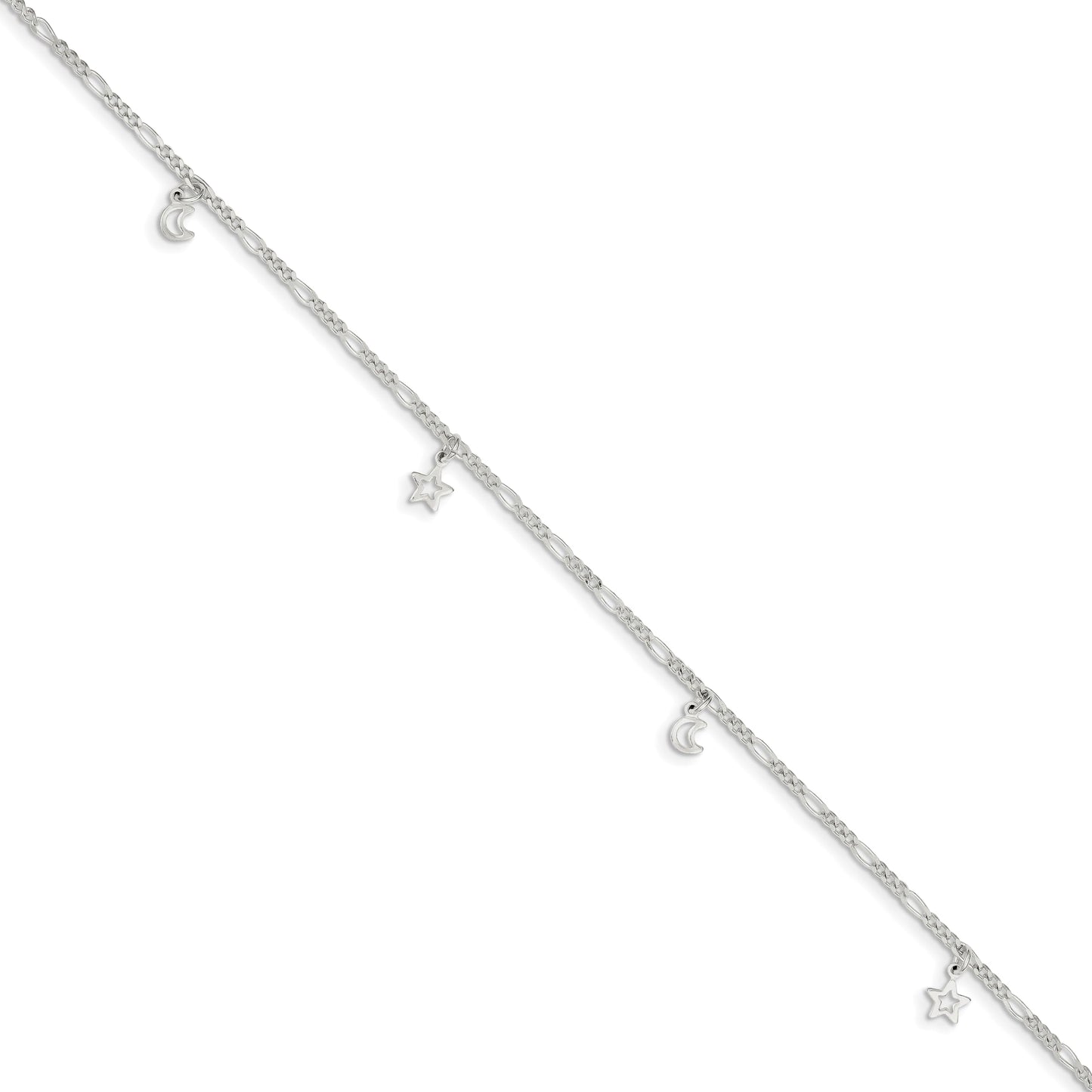 Sterling Silver Polished Star and Moon 9in Plus 1in Ext. Anklet 9 inches
