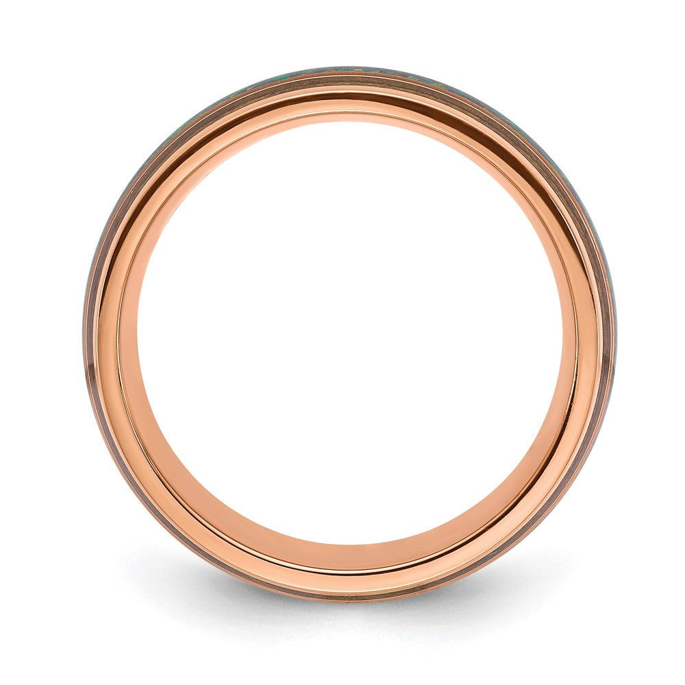 Chisel Stainless Steel Polished Rose IP-plated with Wood and Imitation Opal Inlay 8mm Band Size - 8.5