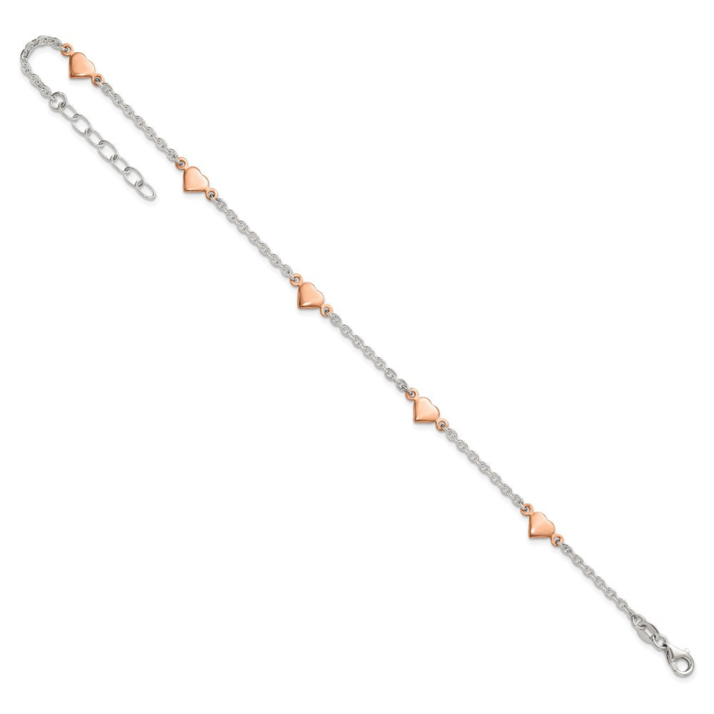 Sterling Silver with Rose-tone Polished Hearts 5-Station 9 inch with 1 inch Extension Anklet
