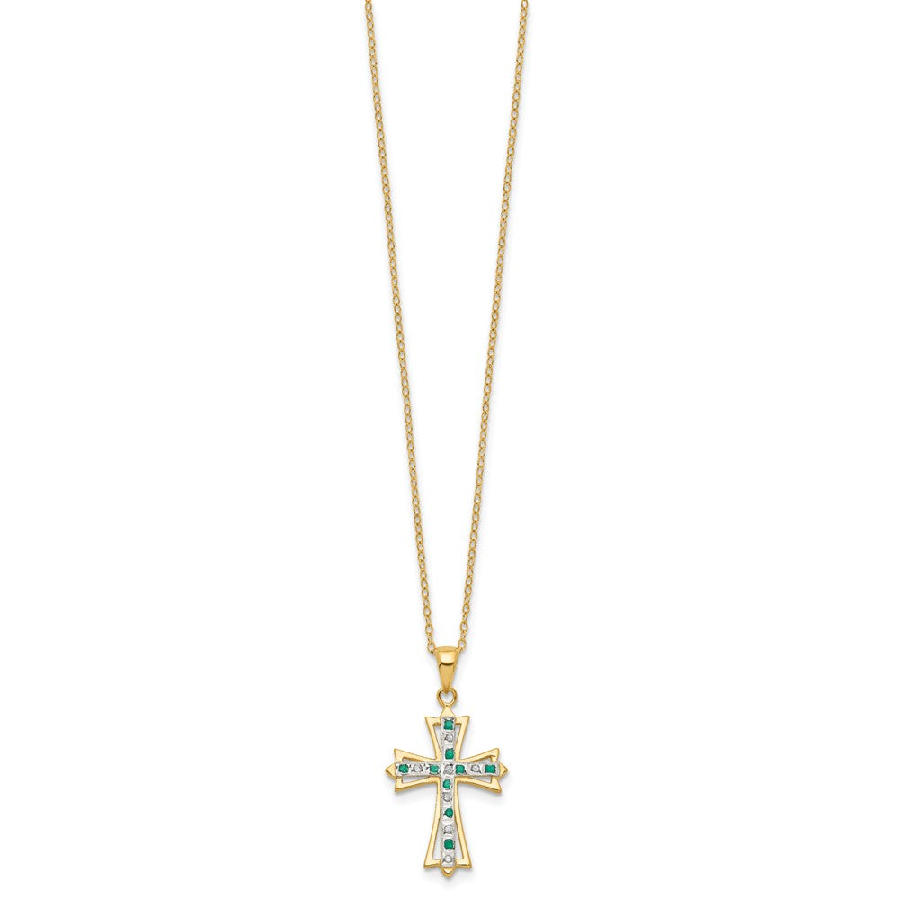 Diamond Fascination Diamond Mystique Sterling Silver 18K Gold-plated Diamond and Emerald Cross 18 Inch Necklace 18 Inches