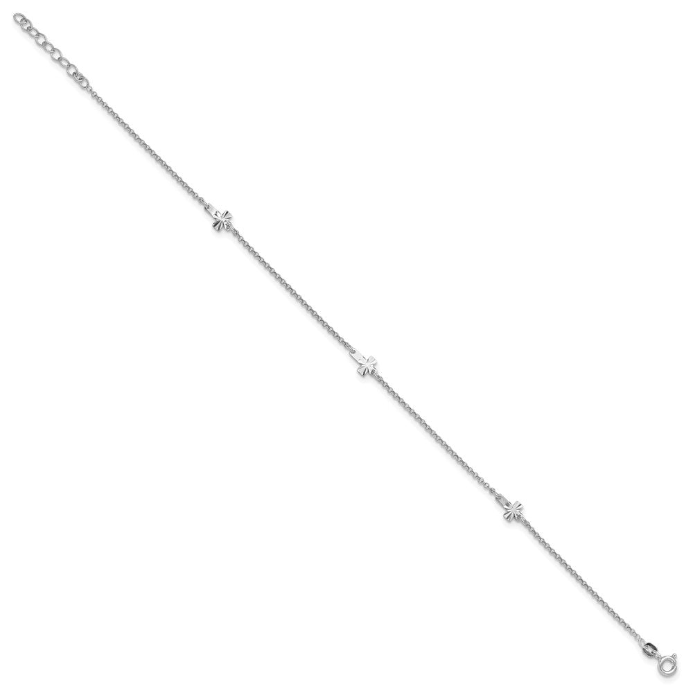 Sterling Silver Rhod-plated Diamond-cut Crosses 9in Plus 1in Ext. Anklet 9 inches