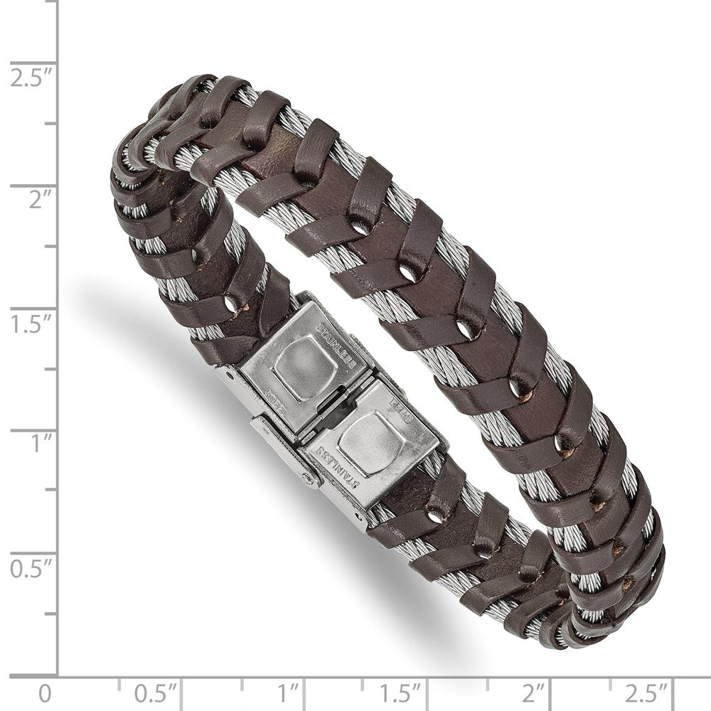 Stainless Steel Polished Cable and Brown Leather 8.25in Bracelet 8.25 inches