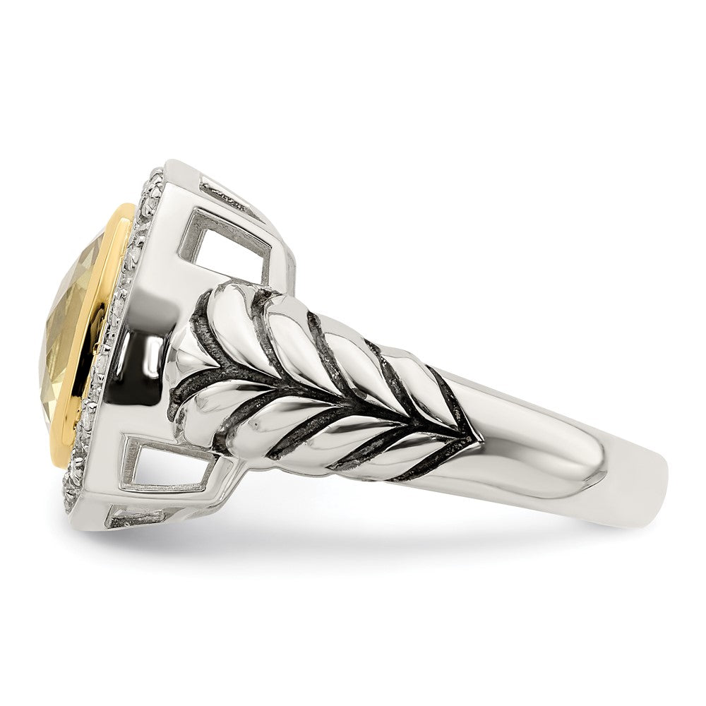 Shey Couture Sterling Silver with 14K Accent Antiqued Cushion Bezel Lemon Quartz and Diamond Ring