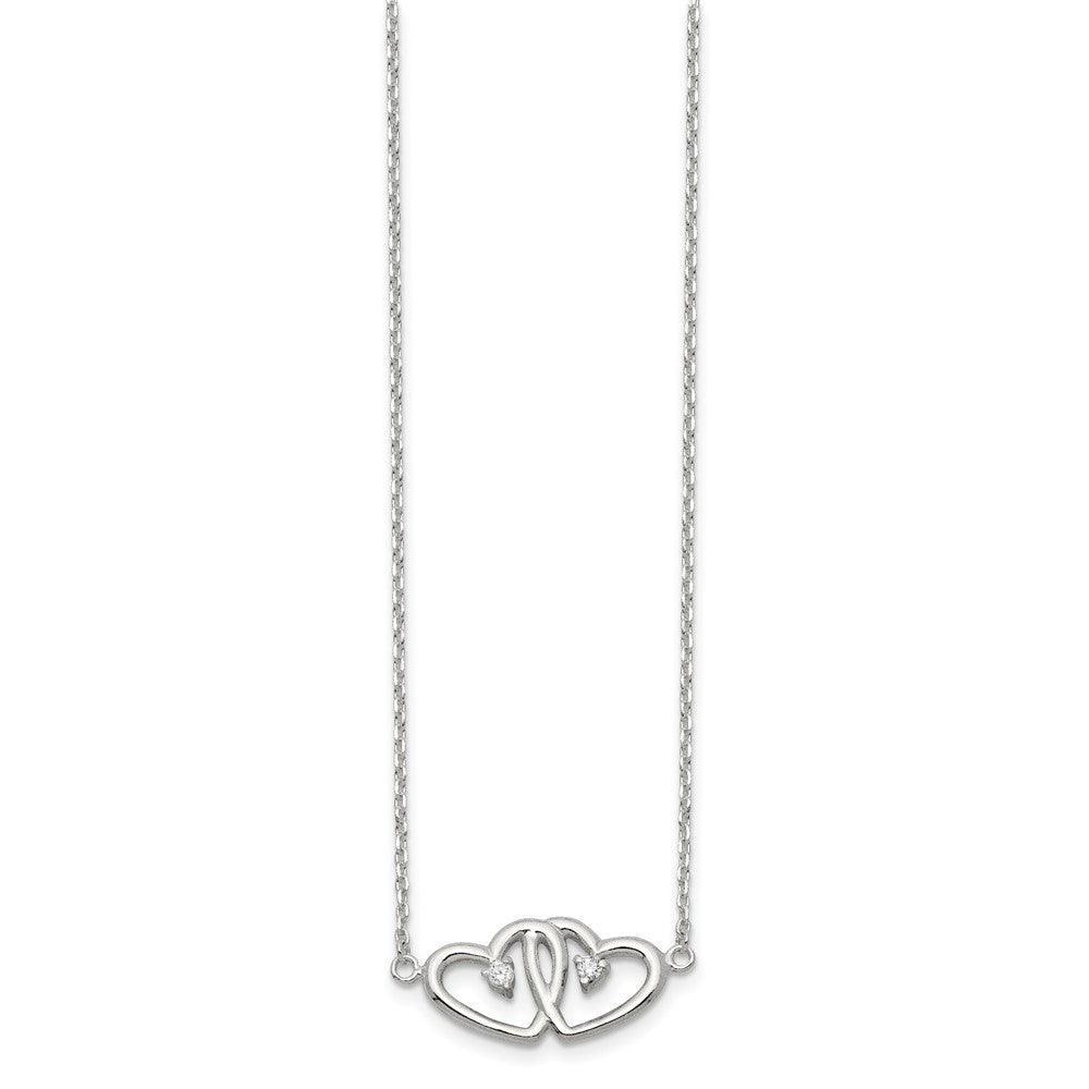 Sterling Silver Polished Two Hearts CZ Necklace 18 Inches