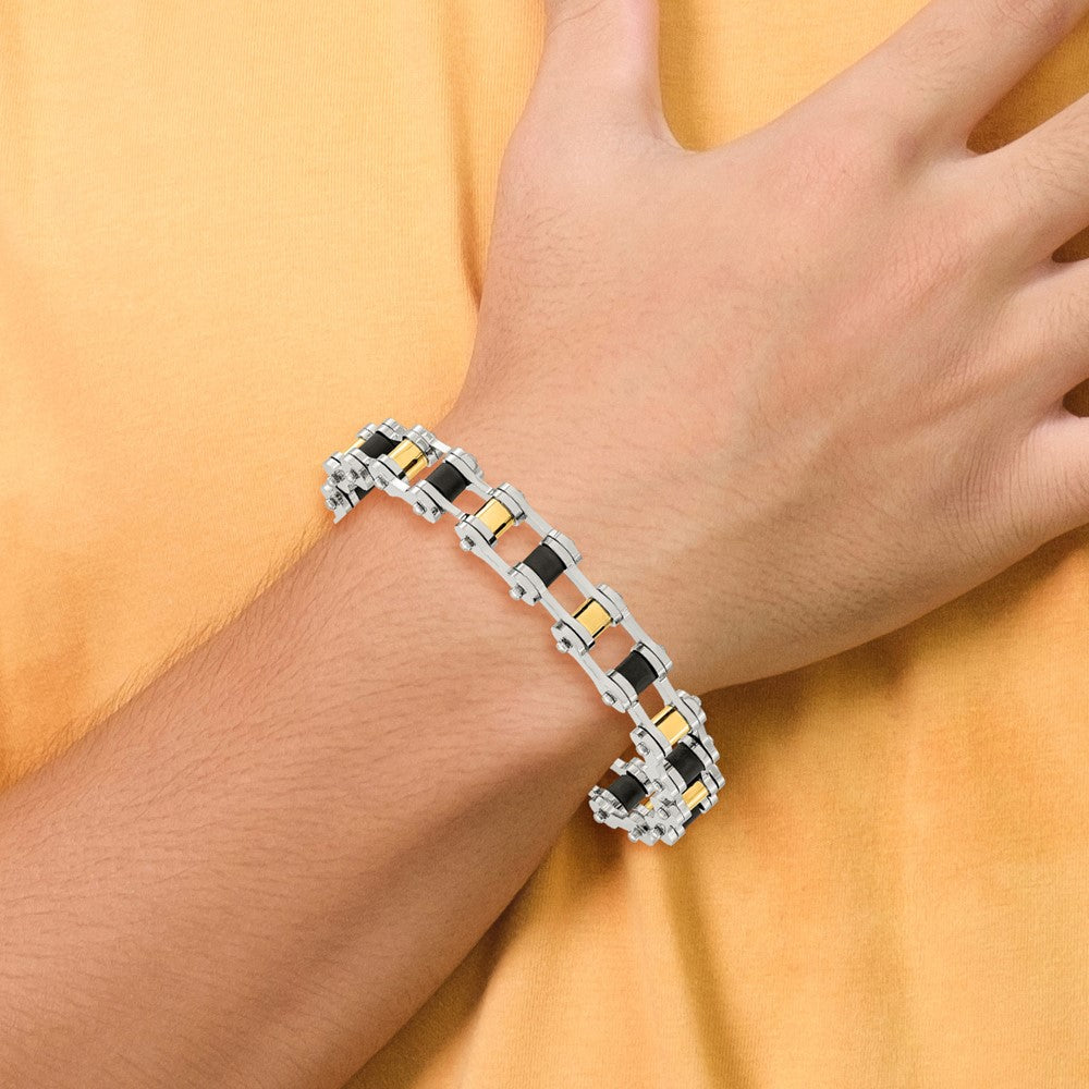 Stainless Steel 8.75in Polished Yellow IP-plated w/Black Rubber Bracelet 8.75 inches