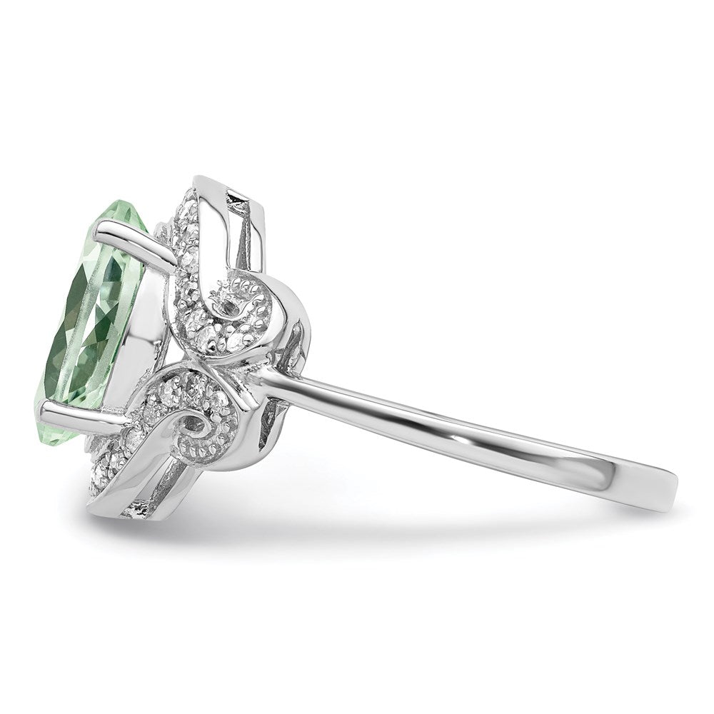 Sterling Silver Rhodium Diam. & Oval Green Quartz Ring