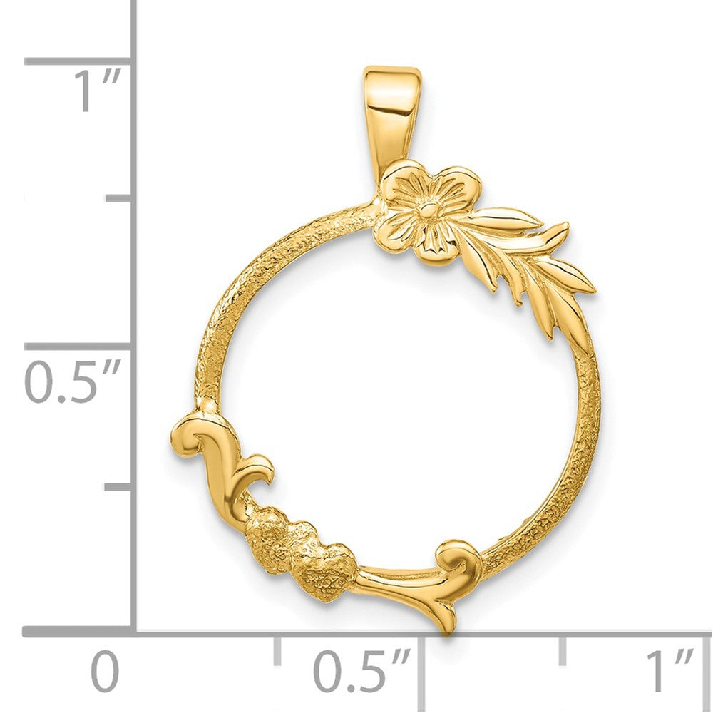 Wideband Distinguished Coin Jewelry 14k Polished and Satin Floral Design 16.5mm Prong Coin Bezel Pendant