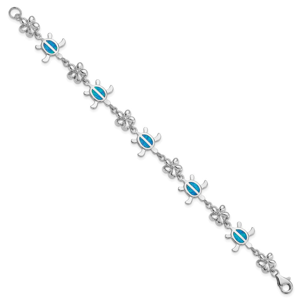 Sterling Silver Rhodium-plated Polished 7 inch Created Blue Opal Tortoise with Flower Bracelet 7 inches