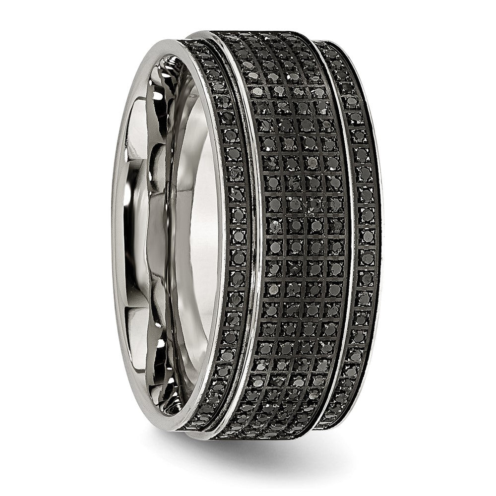 Stainless Steel Polished 1/2ct Black Diamond 10mm Ridged Edge Band Size - 9.5